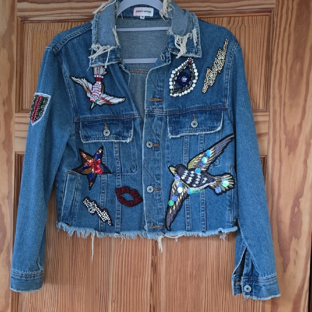 Embellished Blue Denim Jacket with Sequin Patches